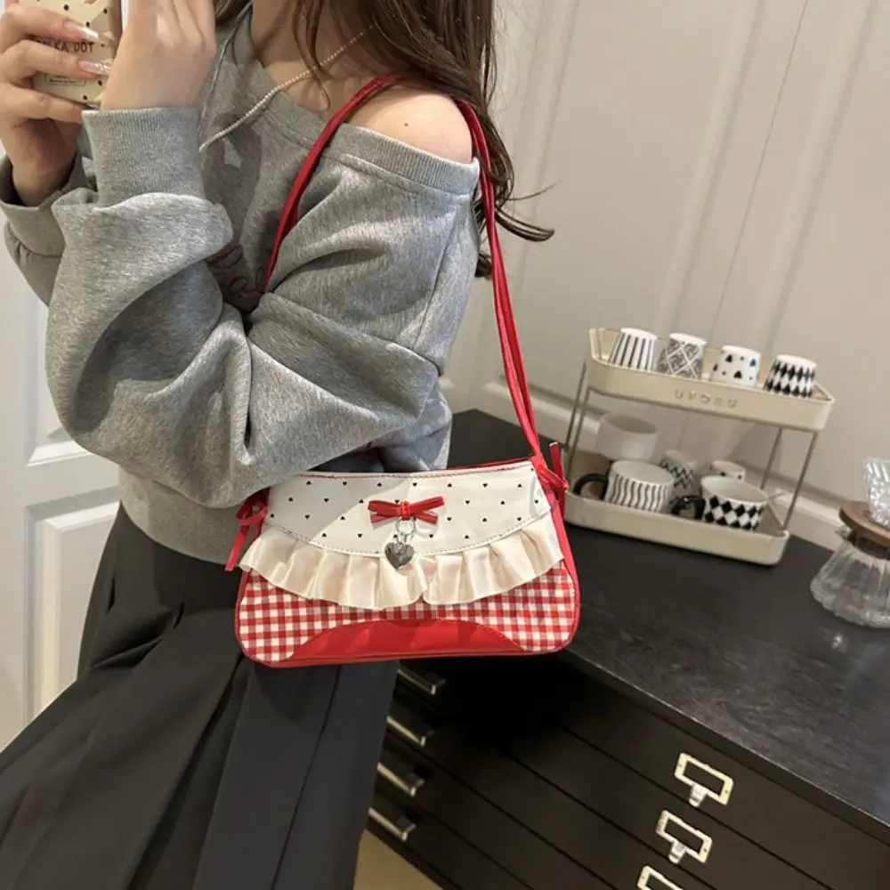 

All-match French Lace Bow Shoulder Bag PU Bowknot Underarm Bag Large Capacity Sweet Polka Dot Handbag Daily