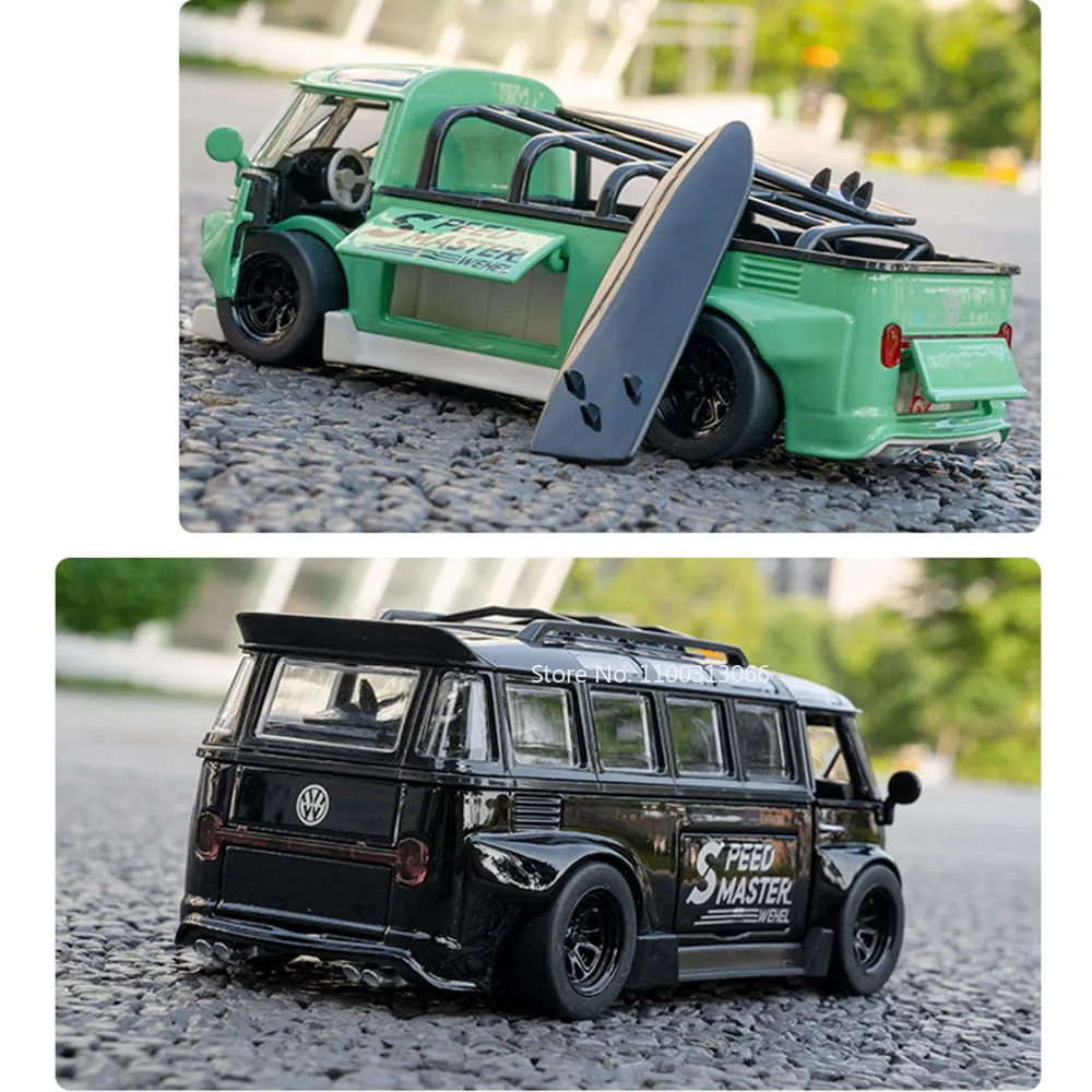 1:32 volkswagen t1 ônibus modelo carros de liga diecast brinquedos portas abertas veículo com música leve puxar para trás ônibus para crianças presentes adultos