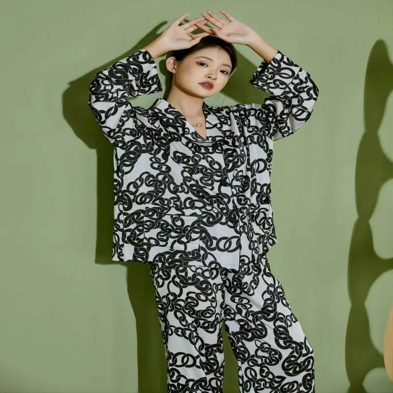SXTHAENOO Women's Pijama Long Sleeve Fashion Print Female Loose Trouser Suit Ice Silk Pajama For Female Sleepwear Pijama Mujer
