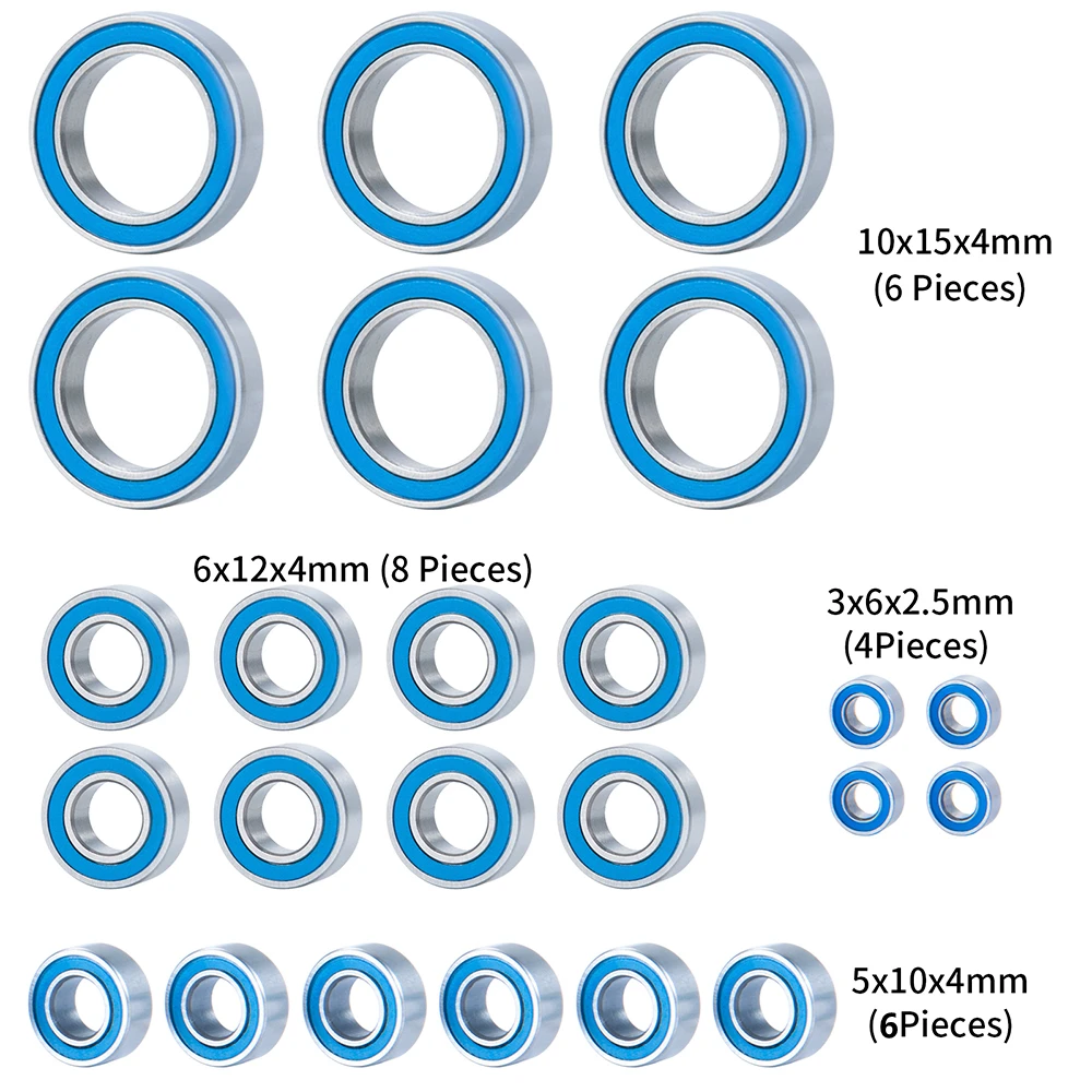 MIBIDAO 1/10 바자 레이 락 레이 RC 크롤러 자동차 교체 부품용 고무 밀폐 베어링 세트, 블루, 24 개