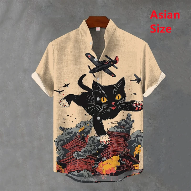 Japanese Animal Graphic Men's Shirt Summer Casual Short Sleeve Tops Hawaiian Tiger Shirts Men Oversized Lapel Button T-Shirt Man