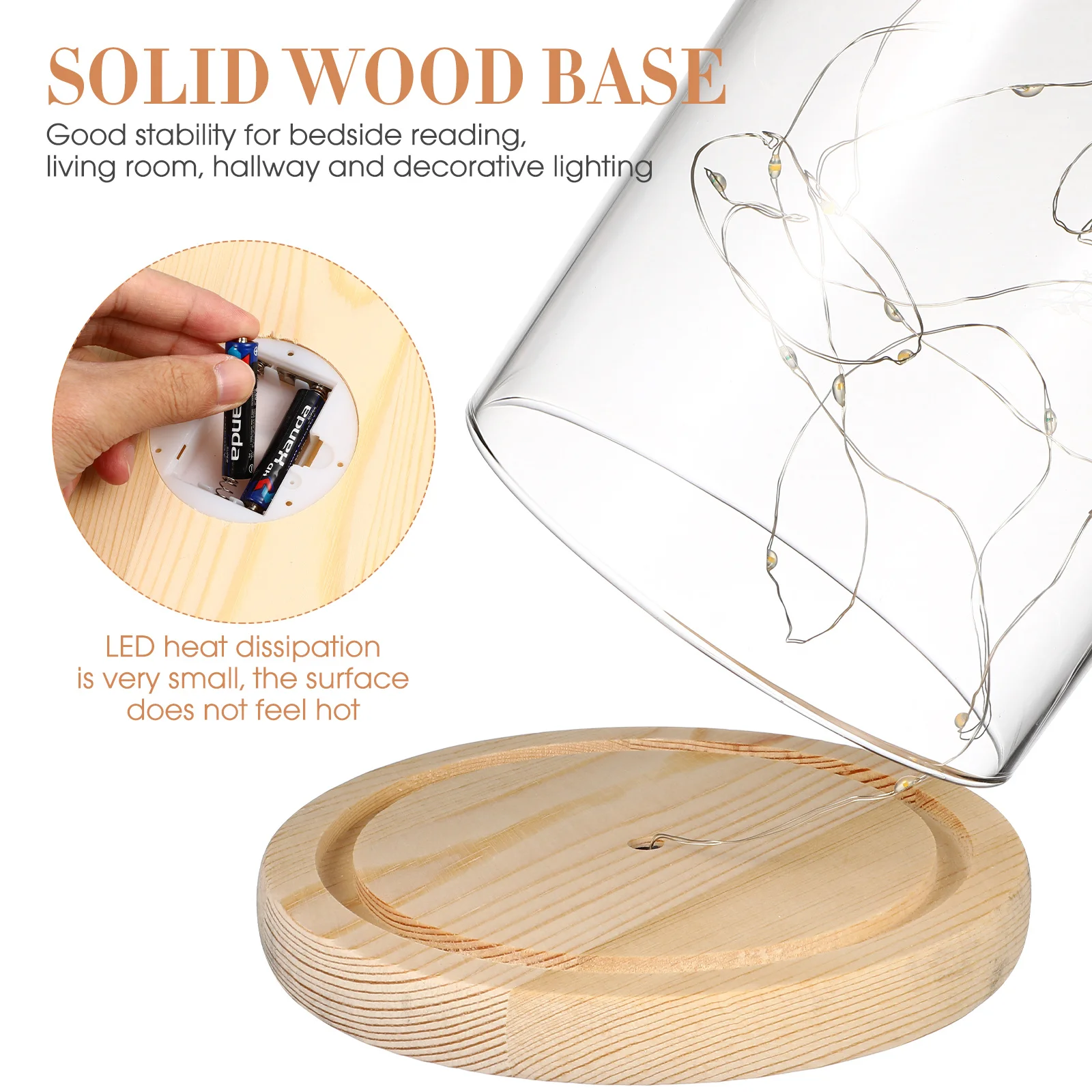 LED Glass Dome Bedside Table Lamp Bell Jar Display Wooden Base String USB LED Warm White Fairy String Lights Jar Lighting