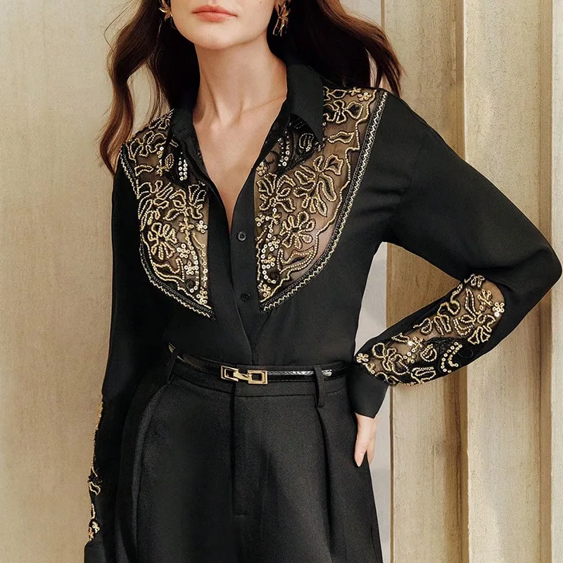 

Весенние женские свободные блузки и рубашки с кружевными и пайетными вставками, повседневный дизайн, длинный рукав, комфортная посадка