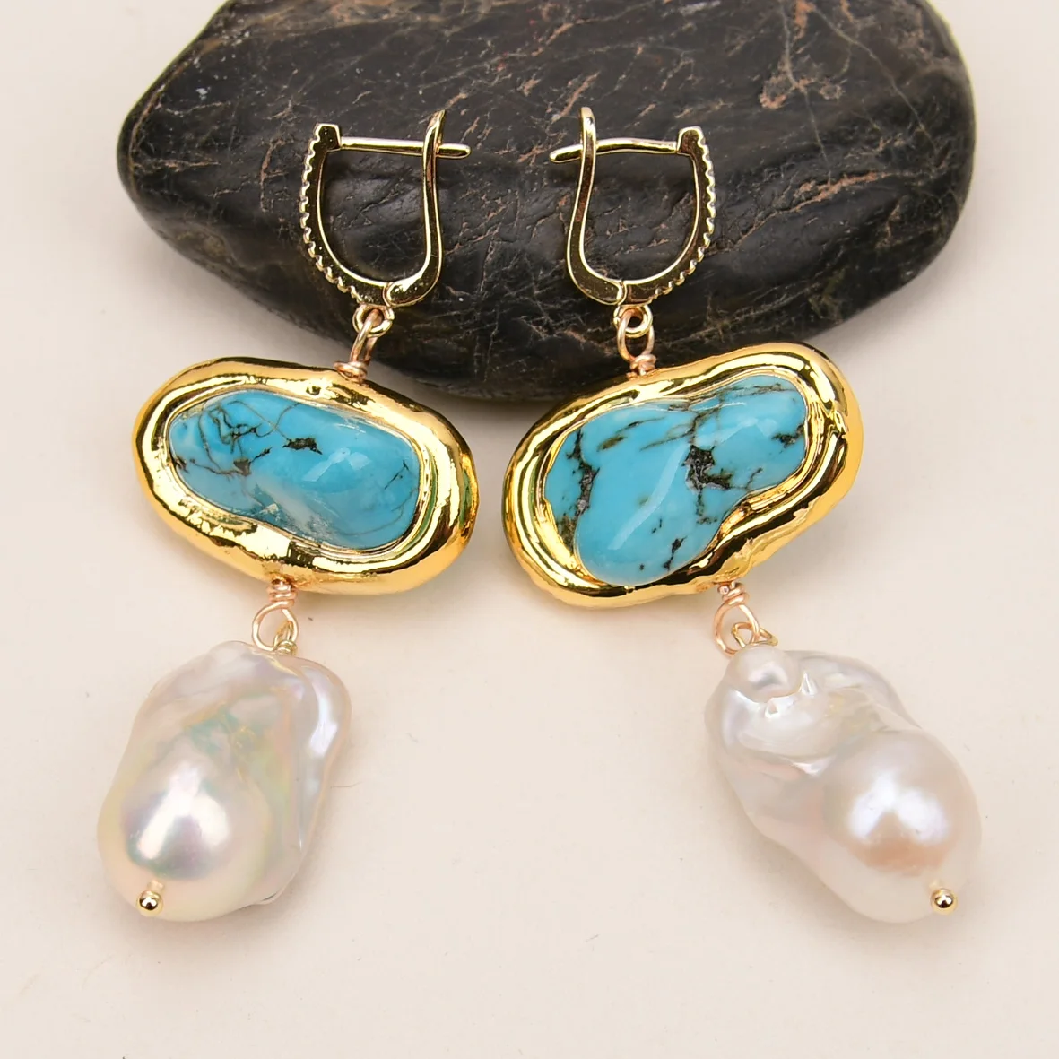

G-G Cultured White Baroque Pearl Blue Turquoise Rough Nugget Dangle Earrings Designer Jewelry