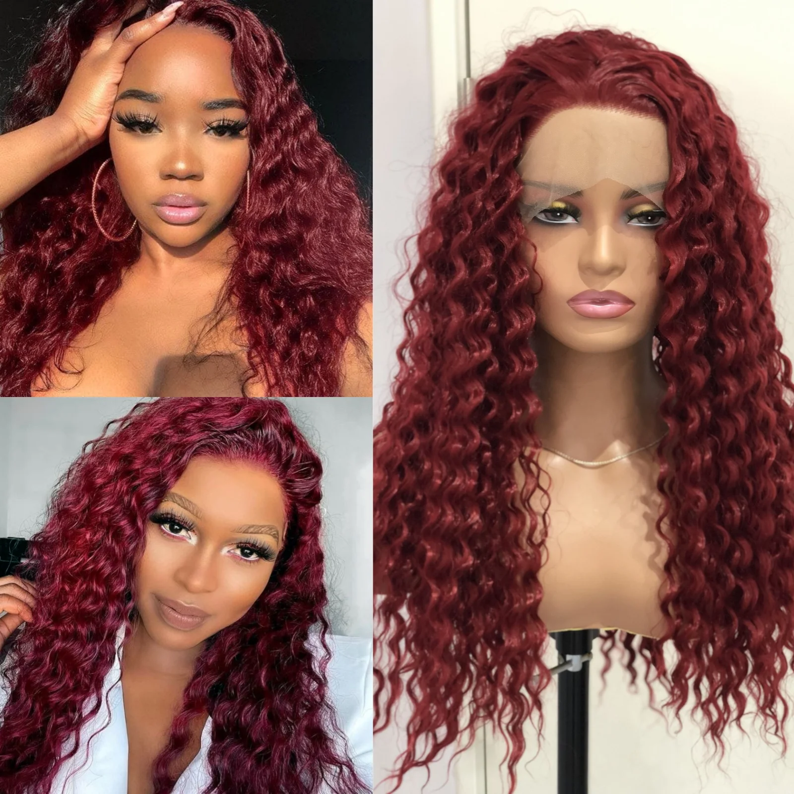 

Red Wig Deep Curly Synthetic Lace Front Wig Glueless Afro Kinky Curly Burgundy Colored Hair Lace Frontal Wigs for Women Party