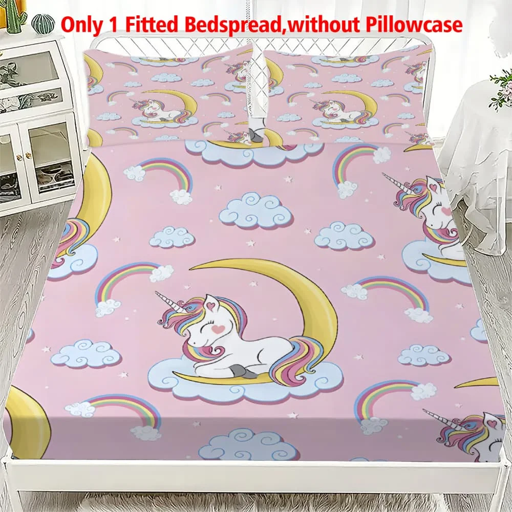 1pc Pink Rainbow Unicorn Moon Print Fitted Sheet Deep Pocket Elastic Mattress Cover Single Double Queen King Bedroom Decor