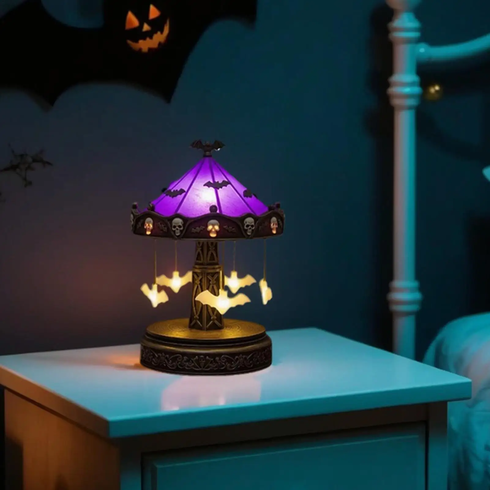 Halloween Ghost Bat Spider Carousel Night Light USB Rechargeable Spooky Carousel Night Light Halloween Night Light Desktop Decor