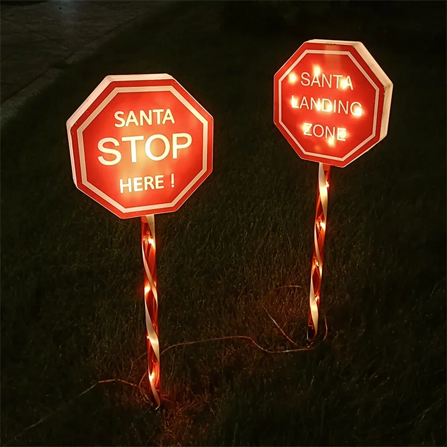 Solar Christmas Decorations Sign Light 2 Pack Red Stop Sign Pole Santa Stop Here PVC Welcome Porch Signs LED Light Up for Xmas