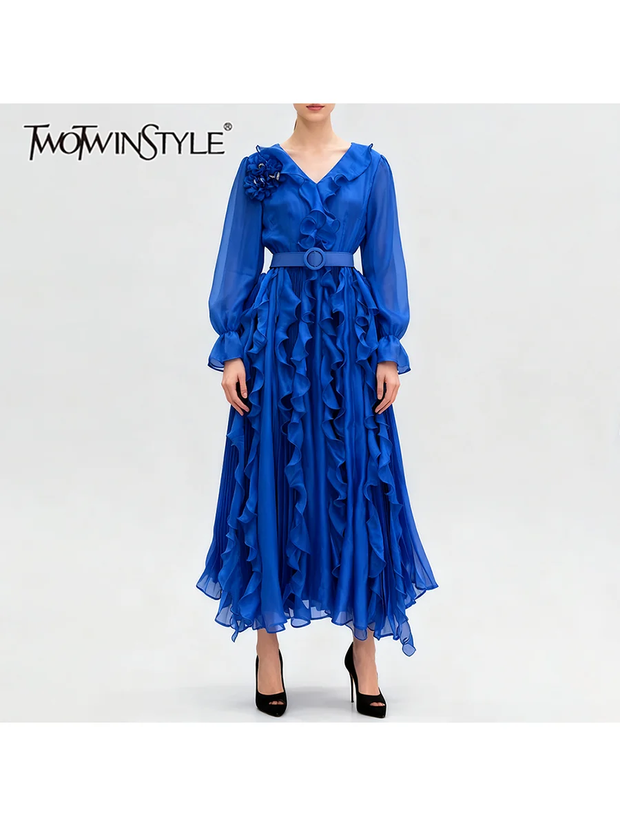 TWOTWINSTYLE الصلبة شير تقسم الفطريات طيات فساتين أنيقة للنساء الخامس الرقبة طويلة الأكمام المرقعة حزام فساتين راقية الإناث