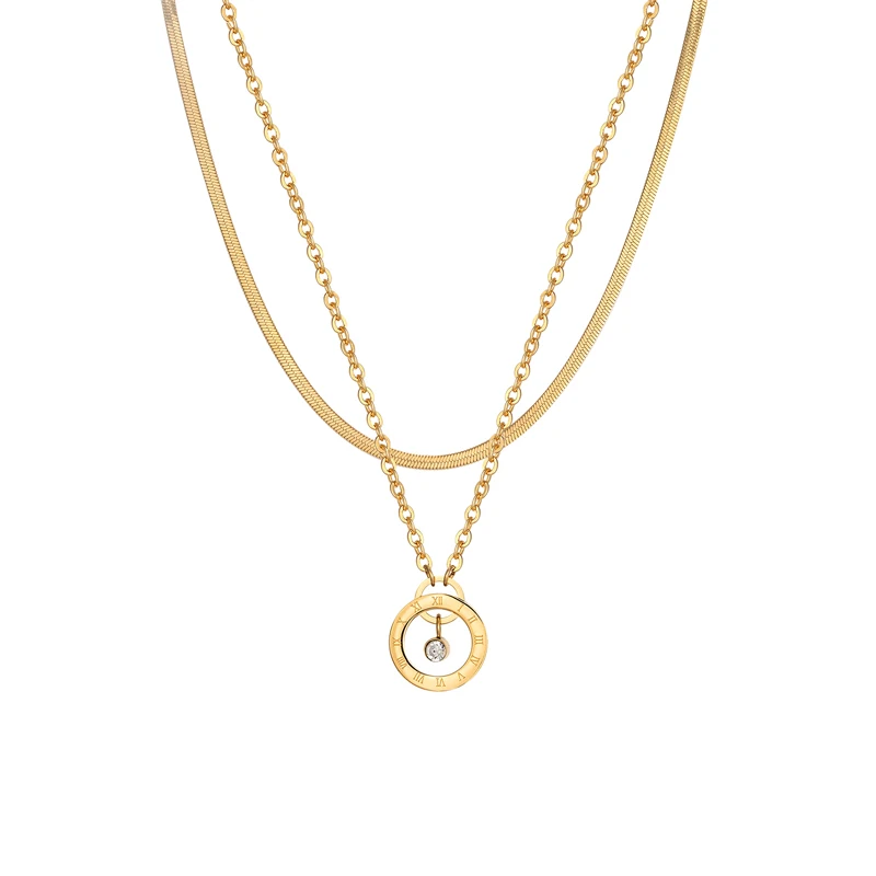 Snake And O Chain Double Layer Necklace Middle Zircon Roman Numeral Circle Pendant For Women Stainless Steel Jewelry Wholesale