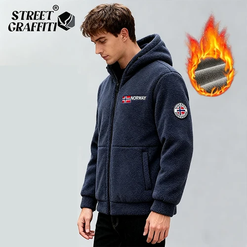 2025 Abrigo de lana para hombre, chaqueta gruesa cálida a prueba de viento con cuello suelto para exteriores, chaqueta con capucha de lana con estampado noruego, buen soldado