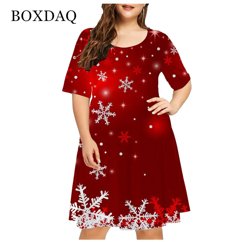 6XL Plus Size Women Clothing Red Christmas Elk Fashion Funny Cute Short Sleeve Print Dress X-Mas Snowman Snowflake Loose Dresses