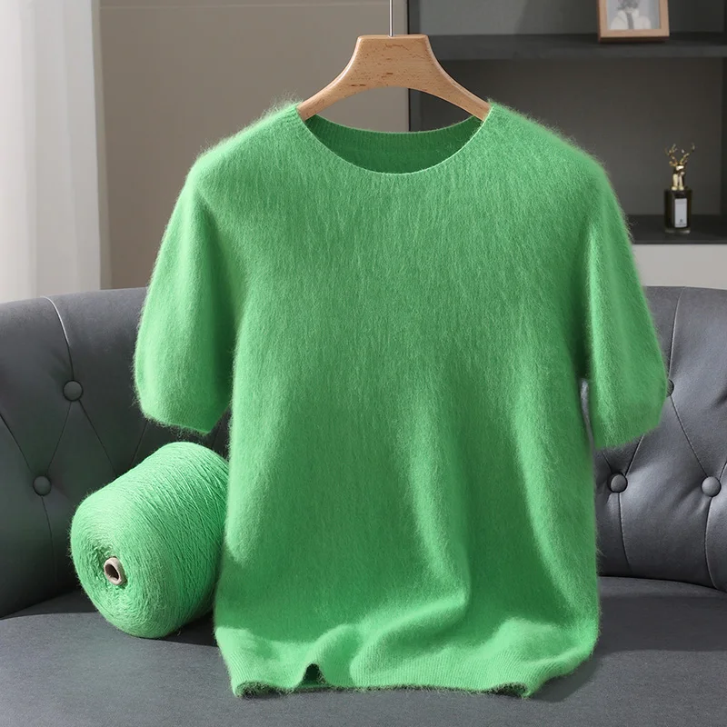Sweater Rajut Pria Lengan Pendek Kerah Bulat Bahan Wol Mink Musim Gugur Musim Dingin, Model Longgar, Lengan Lima Perempat, Bahan Kasmir