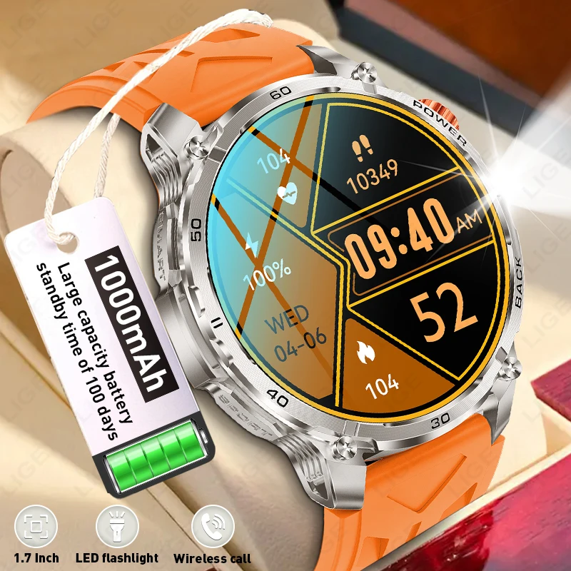 

Military Smart Watch For Men1000mAh Battery IP68 Waterproof Sports tracker Outdoors Smartwatches 2026 New SOS Strong Flashlight