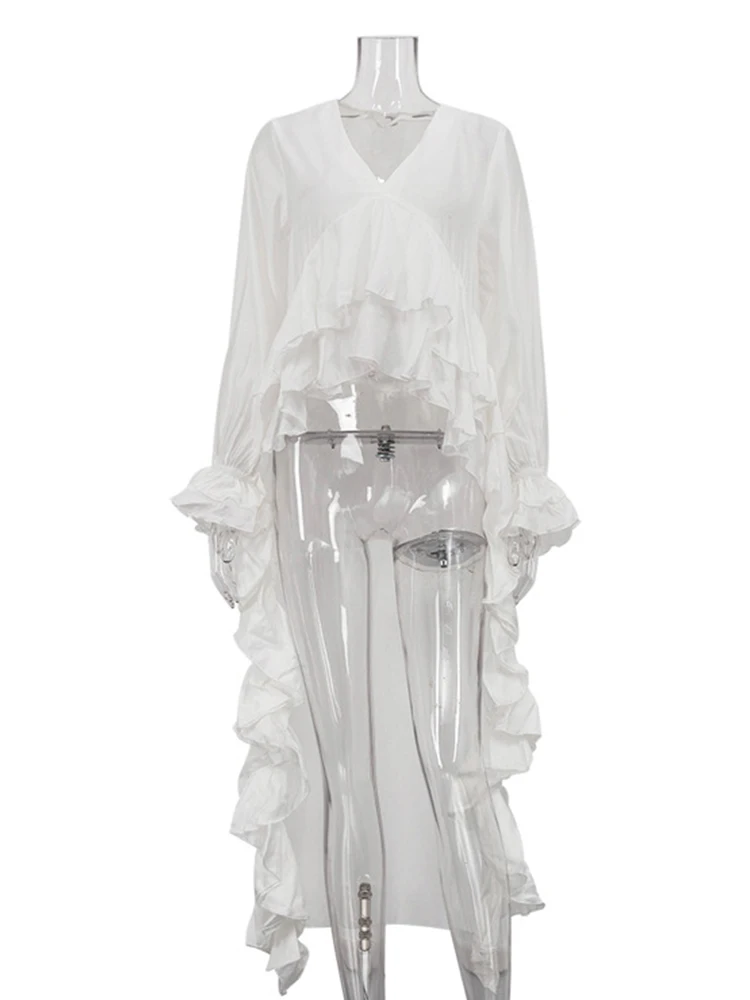 Mueyaruho Women 2025 Summer Autumn Elegant Ruffles Shirt V-neck Long Sleeve Solid White Blouse For Women