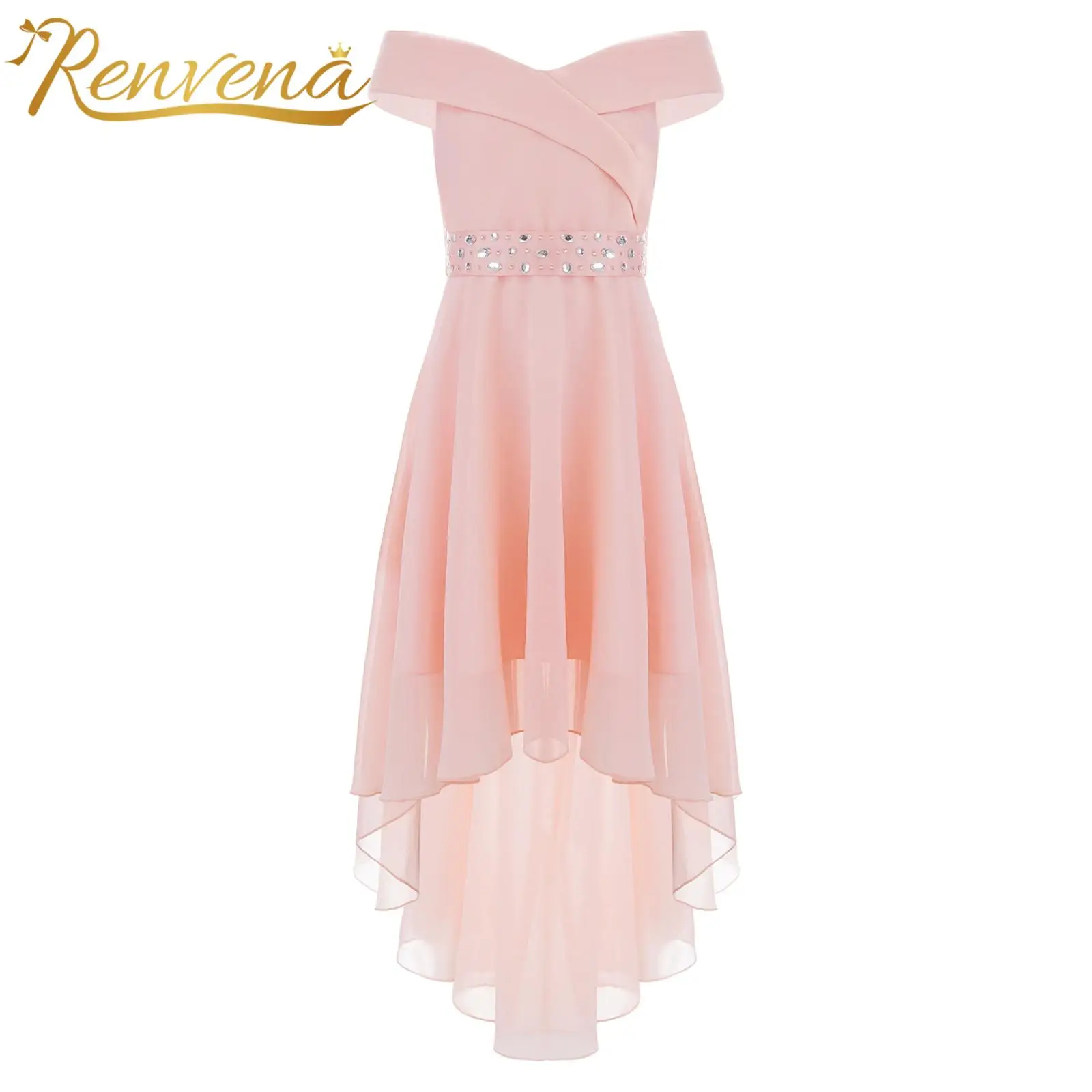 

Kids Girls Elegant Princess Dresses with Shiny Beaded Sash Off Shoulder Hi-Lo Hem Chiffon Evening Wedding Birthday Party Dress