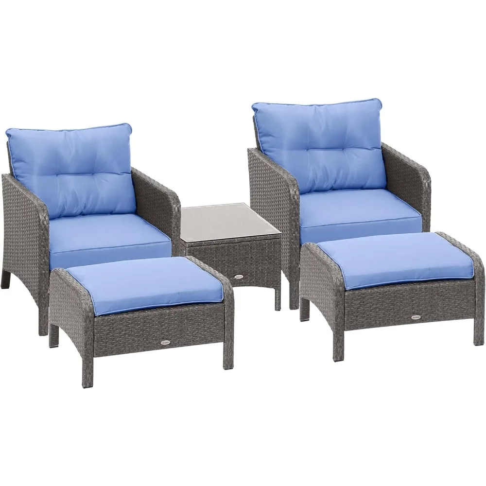 

5 Pieces Rattan Wicker Lounge Chair Outdoor Patio Conversation Set with 2 Cushioned Chairs, 2 Ottomans