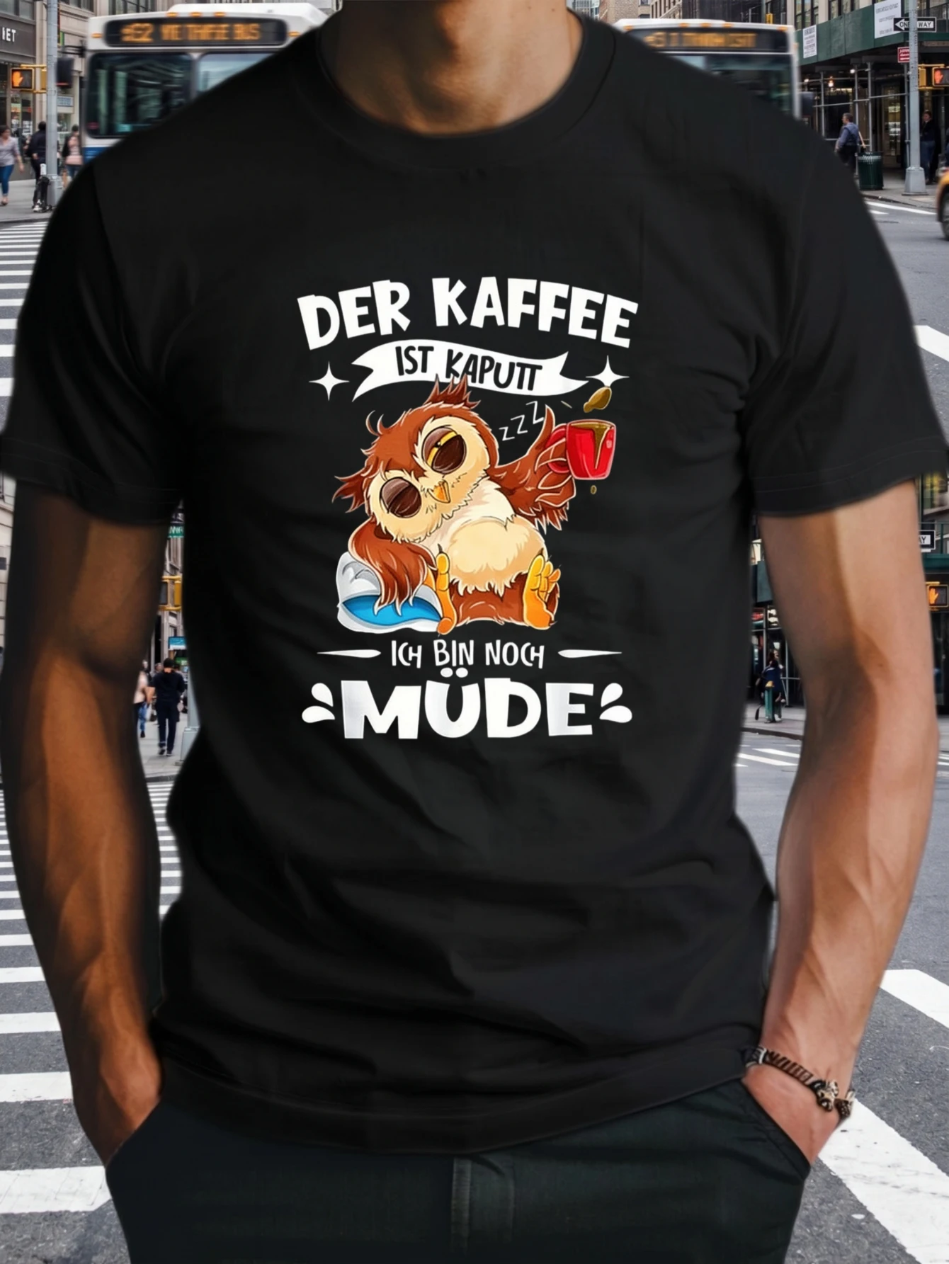 1 Stück 100% Baumwolle Unisex T-Shirt mit Aufdruck „Der Kaffee Ist Kaputt Ich Bin Noch Mute“ Eulen-Motiv, O-Ausschnitt, kurze Ärmel, Plus Size, bequeme Freizeitkleidung, maschinenwaschbar.