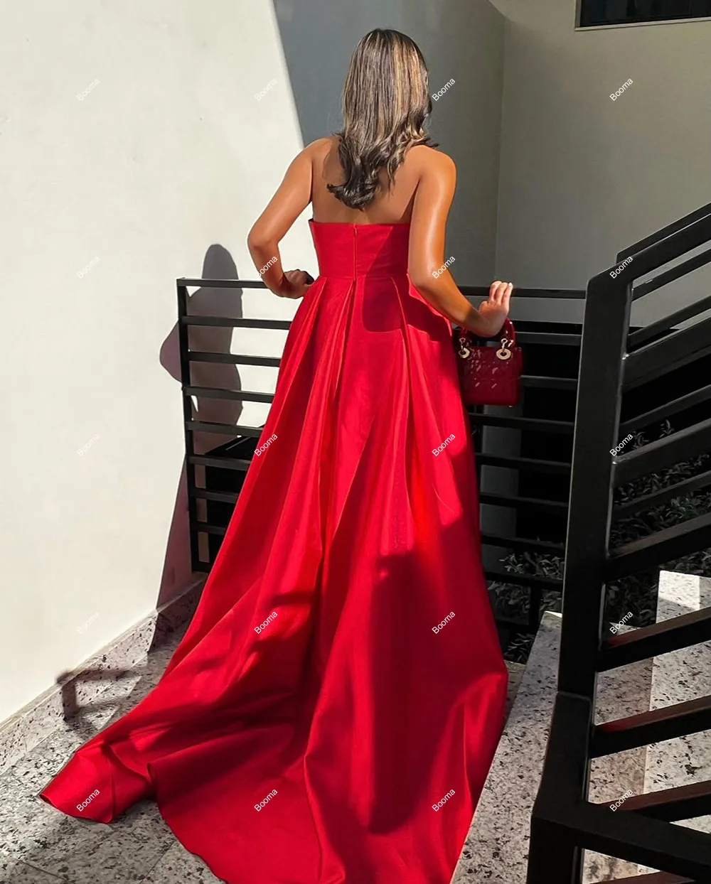 Booma Red A-Line Prom Gowns Sweetheart Sleeveless Pleat Evening Dress with Train High Leg Slit Long Formal Party Gowns for Women