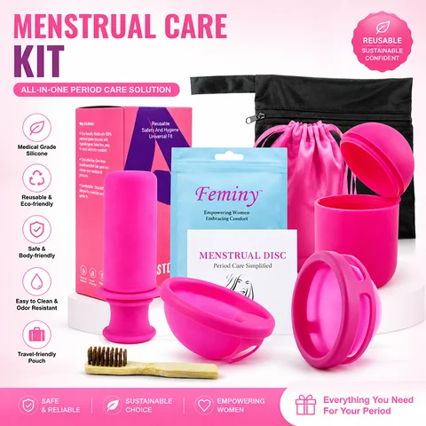 Menstrual Collector Kit Medical Silicone Menstrual Disc With Ring Period Disk With Case,Applicator,Storage Sterilizer Set
