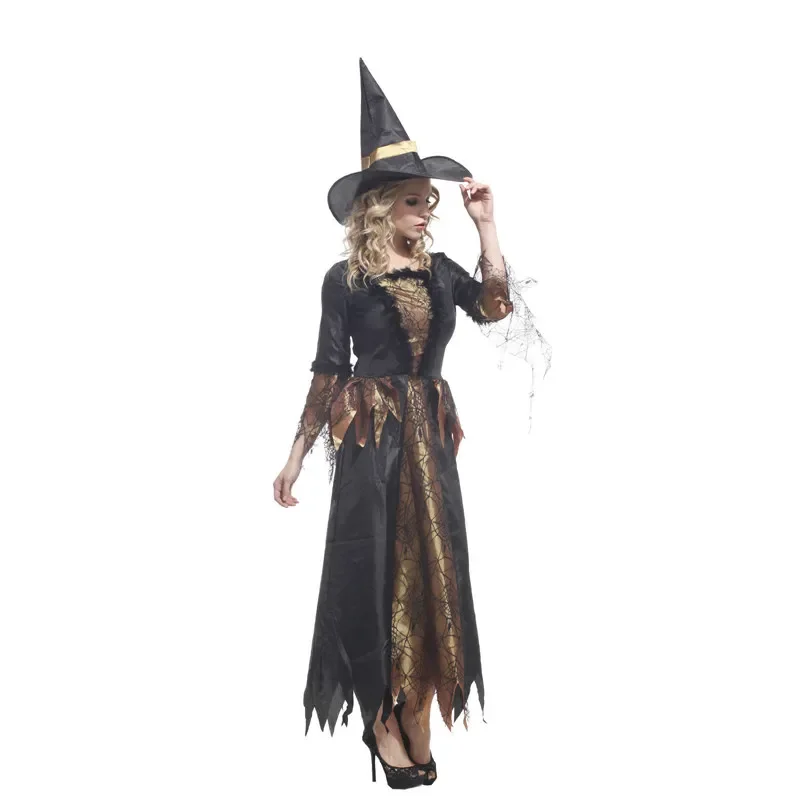 Deluxe Black Gold Spinnenweb Heks Kostuum Vrouwen Tovenares Cosplay Halloween Nieuwjaarsfeest Fancy Dress