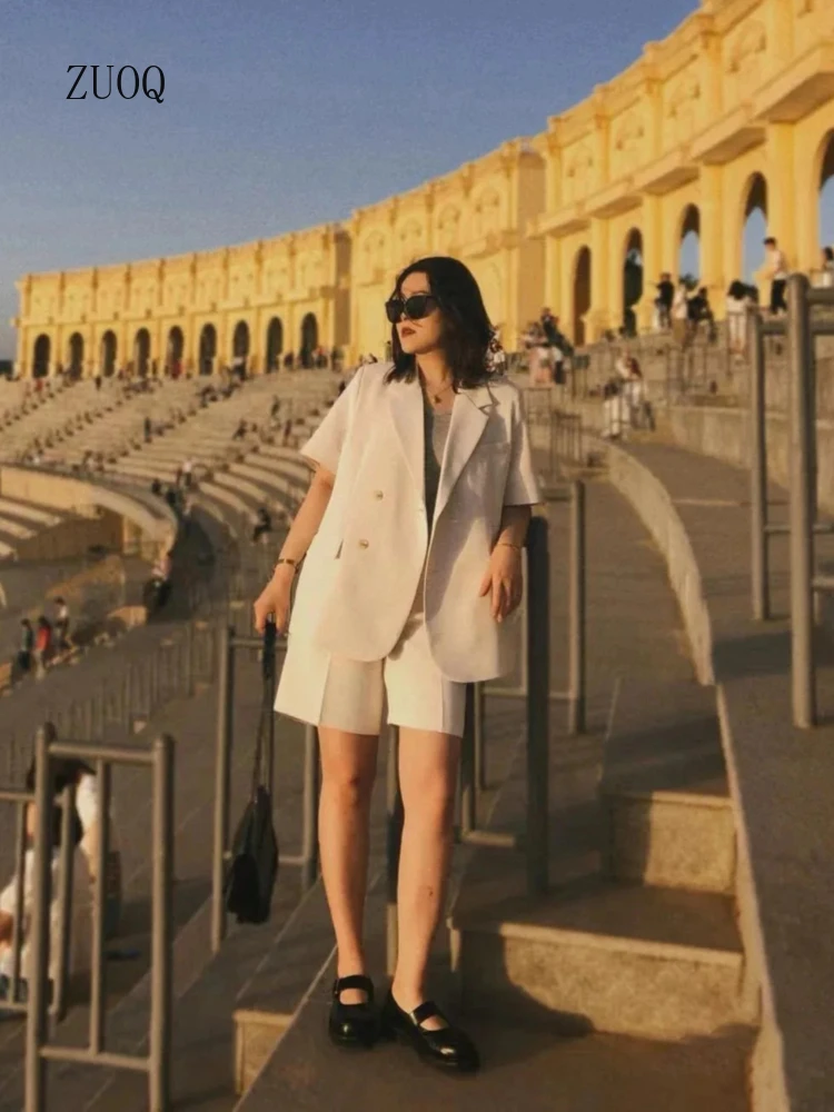 

2025 Корейский свободный женский короткий комплект из 2 предметов с блейзером, летние пиджаки с короткими рукавами + шорты, повседневные офисные женские костюмы, женские