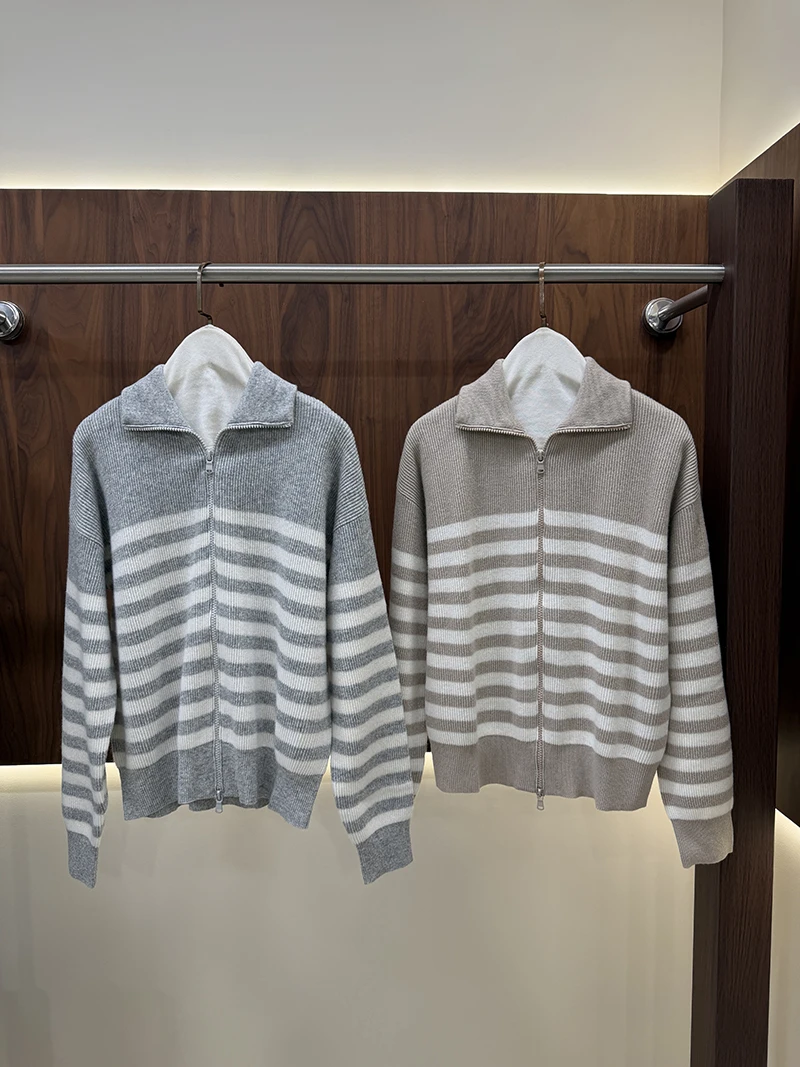 Old Money Two Tone Stripe Zip Knit Cardigan Women Lapel Collar Double Zipper Loose Fit Casual Sweater Coat
