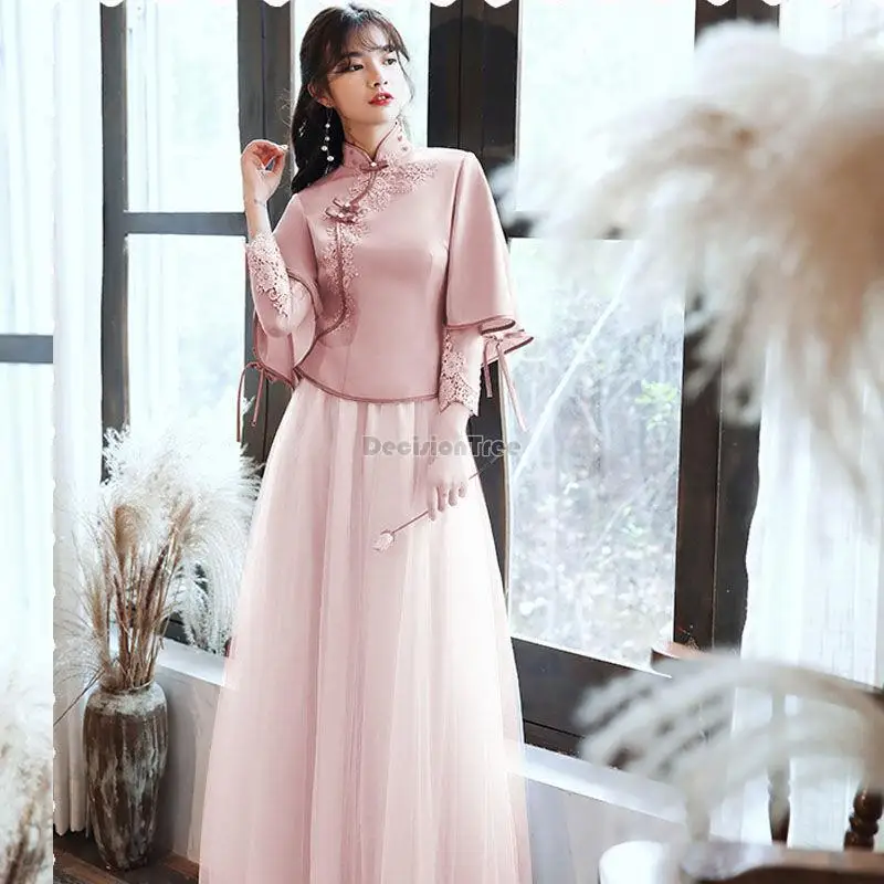 2026 chinese traditional vintage qipao dress set retro lady cheongsam chiffon women graceful wedding party vestido dress a363