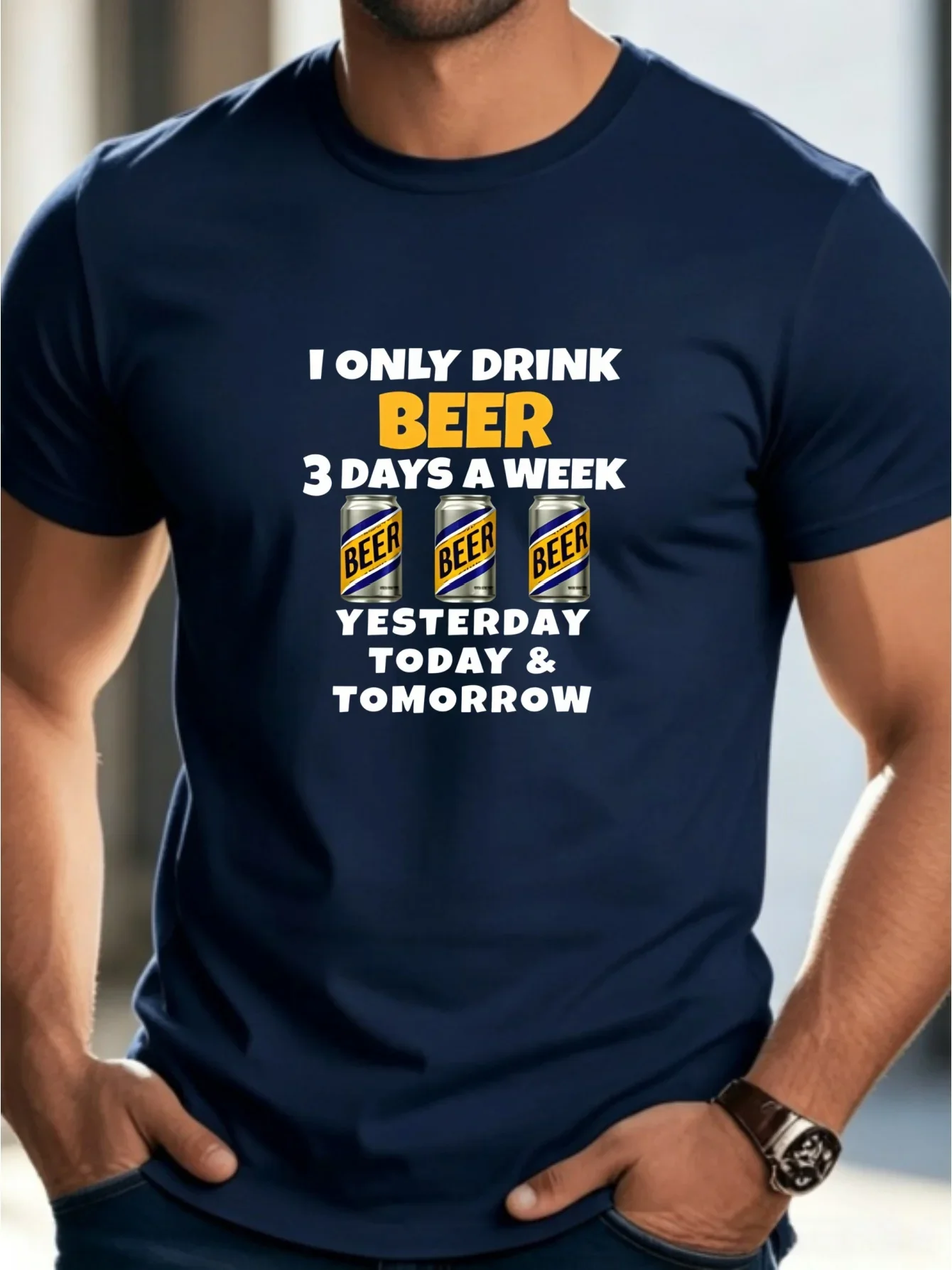 Funny Beer Graphic T‑Shirt I Only Drink Beer 3 Days A Week Print Short Sleeve Casual Crew Neck Tee For Men Daily Party Tops