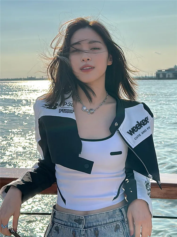 

Biker Jackets Womens Jacket Detachable Spring Baseball-Uniform Batwing Blue Snap-Button Colorful Dynamic Sporty Gym Clubwear Ins