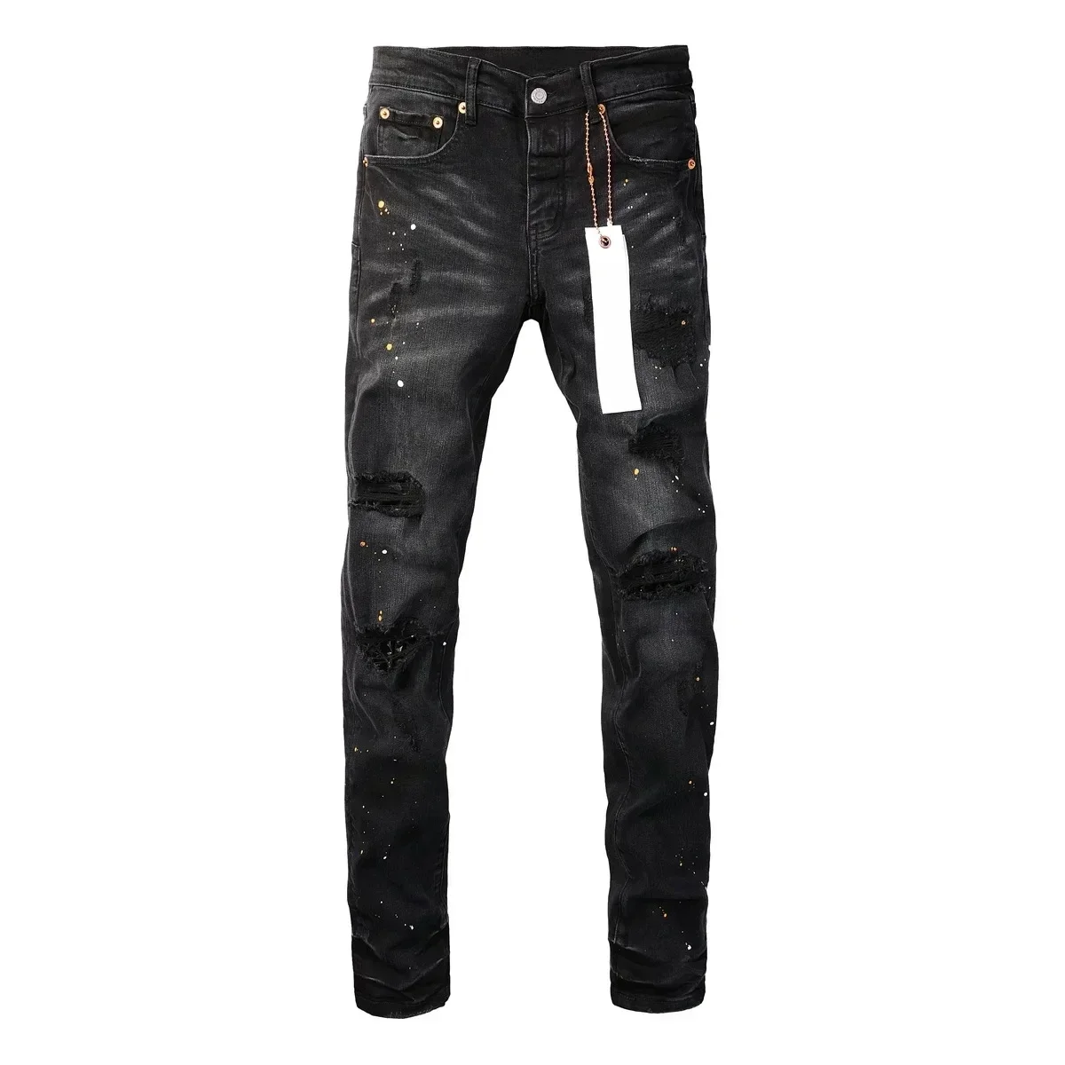 New Fashion High quality Purples Jeans Men High Street Black brands Paint Dot Knife Cut Hole Repair Low Rise Skinny Denim Pants