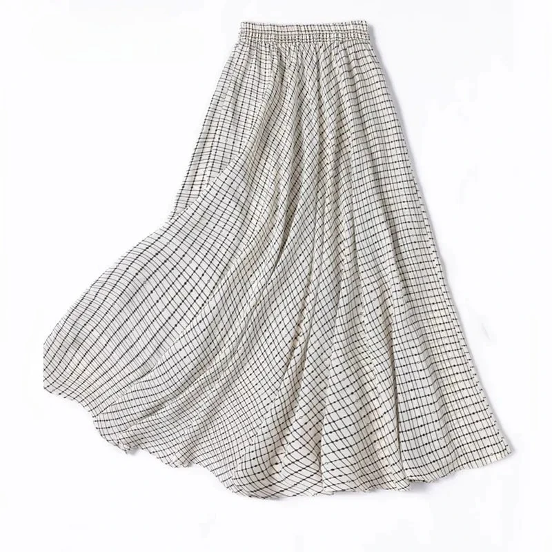 レディースファッション衣料品 3.7m 超大型ベージュグリッド柄 100% 天然桑絹クレープデシン斜めカットスカート