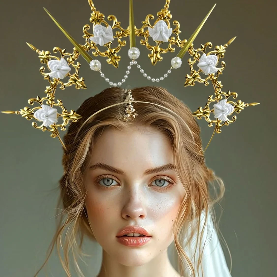 Laventy Gold Halo Crown Spiked Crown Headband Sunburst Zip Tie Headpiece Goddess Costume for Wedding Photoshoot Cosplay