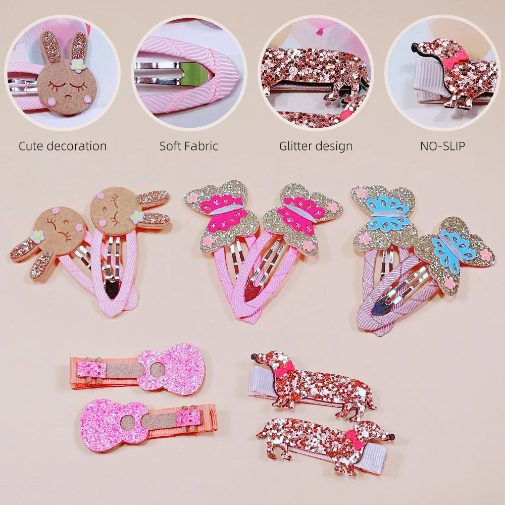 Sweet Princess Headdress Glitter Animal Snap Hair Clips For Girls Shinning Guitar Puppy Rabbit Butterfly Hairpins