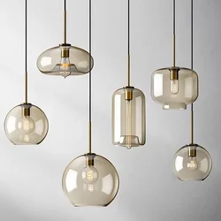 Nordic Glass LED Pendant Light Cognac 1-3 Head Living Room Decor Hanging Lamps For Bedroom Study Dining Room Bar Indoor Fixtures