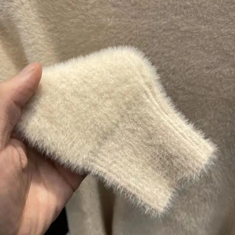 

Женский свитер с высоким воротником из искусственной норки, топ для женщин, однотонные плюшевые утолщенные теплые рубашки, базовый трикотаж, термопуловеры