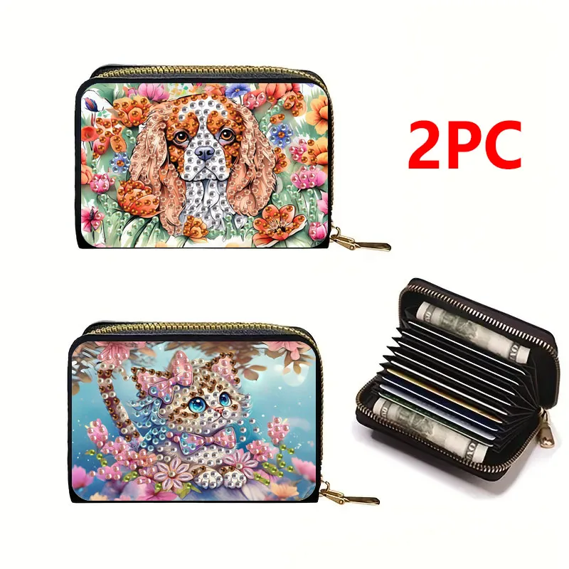 

2 набора алмазной живописи «сделай сам», визитницы на молнии, портативный кошелек ручной работы из искусственной кожи с рисунками кошек и собак