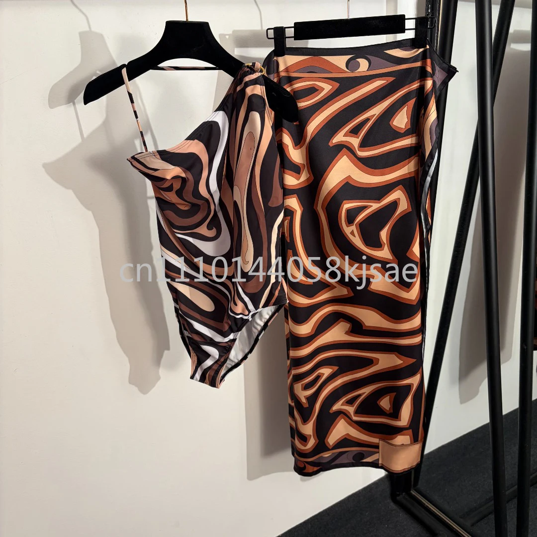 

2026 Luxury Design Women's Brown Scarf Swimsuits with Letter Signature Logo Classic Brand Lady Sexy Scarf Bikini Sets