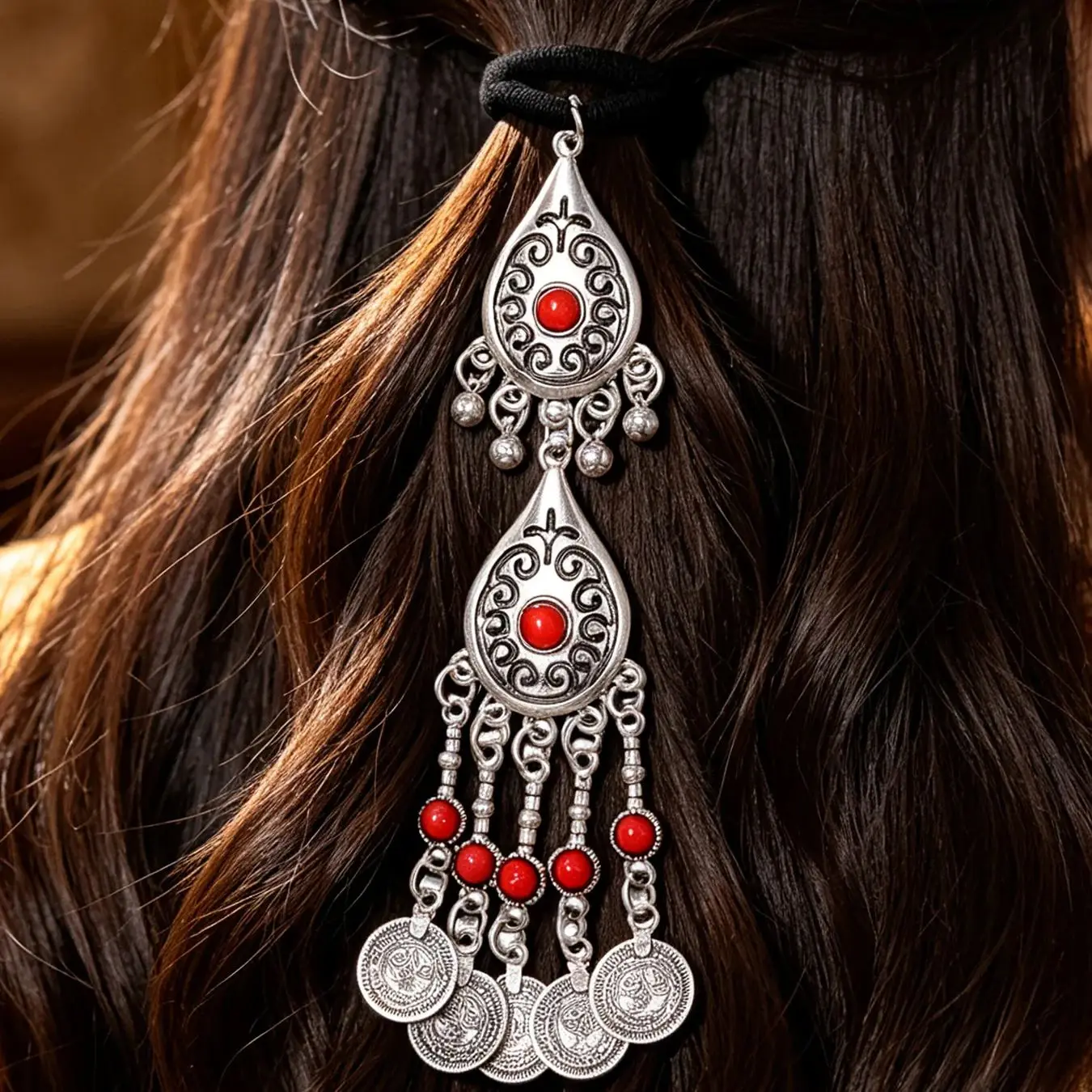 Kazakh National Style Geometric Carved Imitation Turquoise Coin Tassel Hair Band for Women Ethnic Hair Accessories