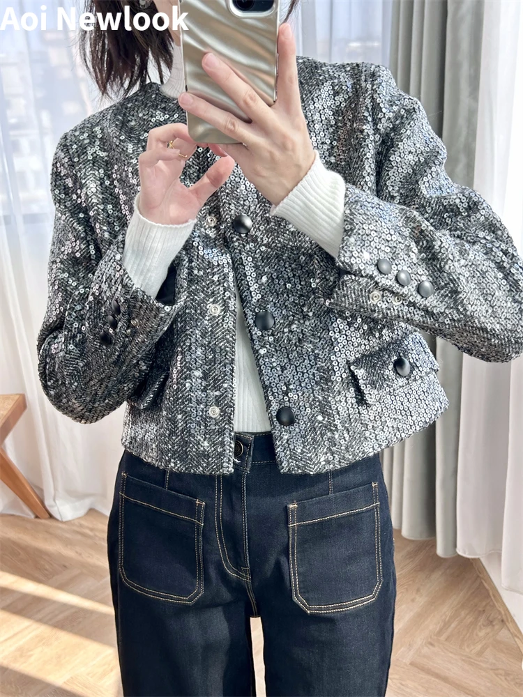 Elegant Fashion Dinner Coat Women 2023 Autumn Winter New High Quality French Sequin Round Neck Short Vintage Commuter Jacket