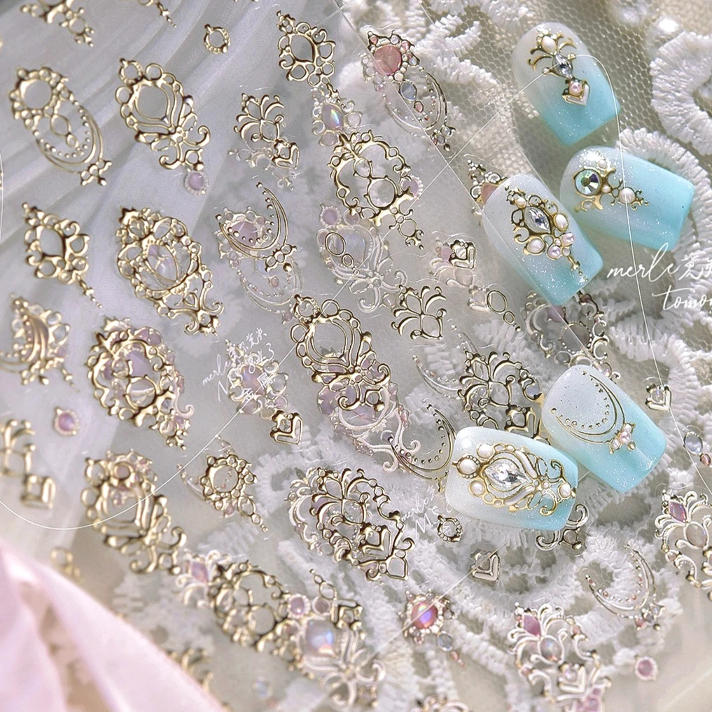 Rosa ouro metal pedras preciosas palácio nobre vintage moldura de foto relógio irregular bloco planeta lua estrela coração arte do prego adesivos decalques