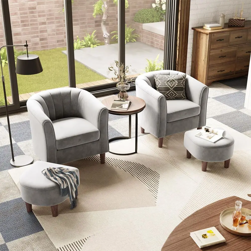 

Pair of Velvet Barrel Chairs with Ottomans, Ideal for Small Spaces, Reading Rooms, Living Rooms, Bedrooms, and Kids Rooms, Grey