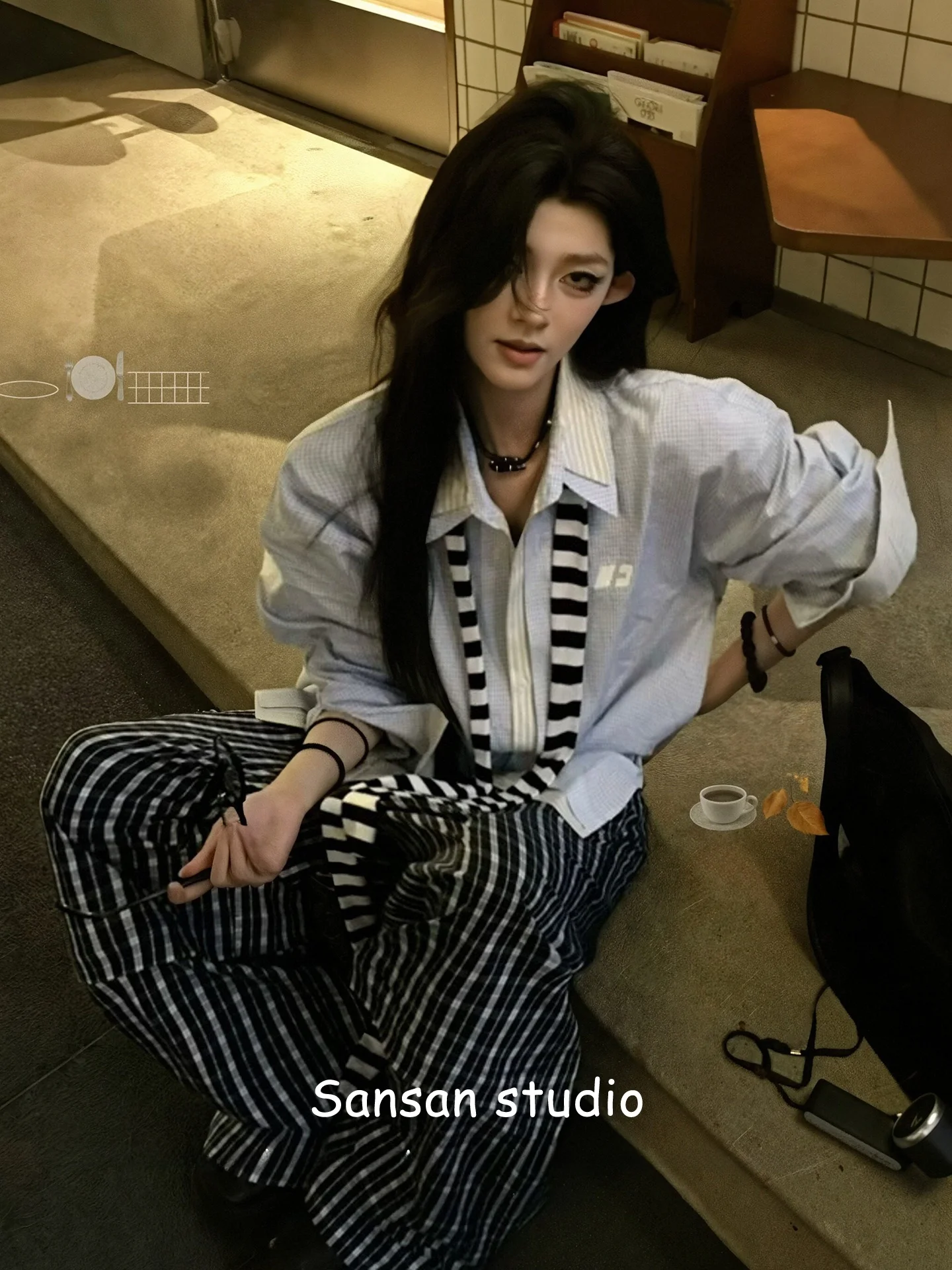 

Retro American Long Sve Collar irt Women's Early Spring Matching Fake Two-Piece Loose Casual Top Trendy