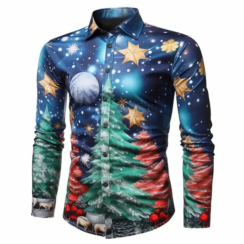 Christmas tree starry night print men\'s long-sleeved shirt high quality comfortable men\'s lapel top men\'s shirt 2024 new style