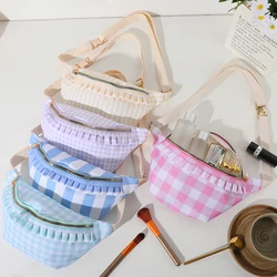 Ruffle Fanny Pack Nylon Gingham Belt Bag Women Stripe Waist Pack Bum Bag Zipper Adjustable Lightweight Water-Resistant