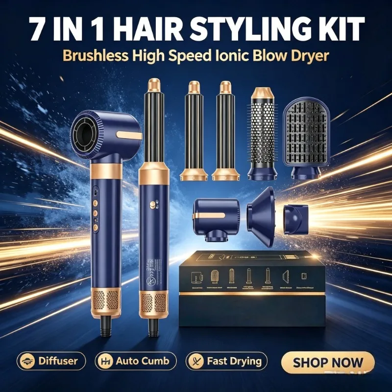 Brushless Highspeed Hot Air Comb,7in1 Ionic Styling Brush For Morning Quick Home Hairshaping