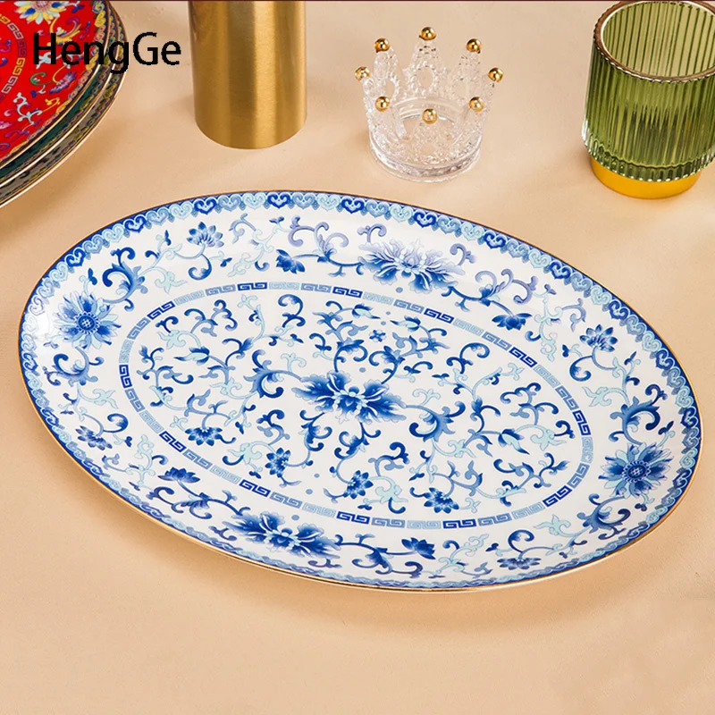 Enamel Colored Ceramic Plate Large Size Fish Plates Elliptical  Hotel Restaurant Tray  Chinese Retro Style Household Tableware