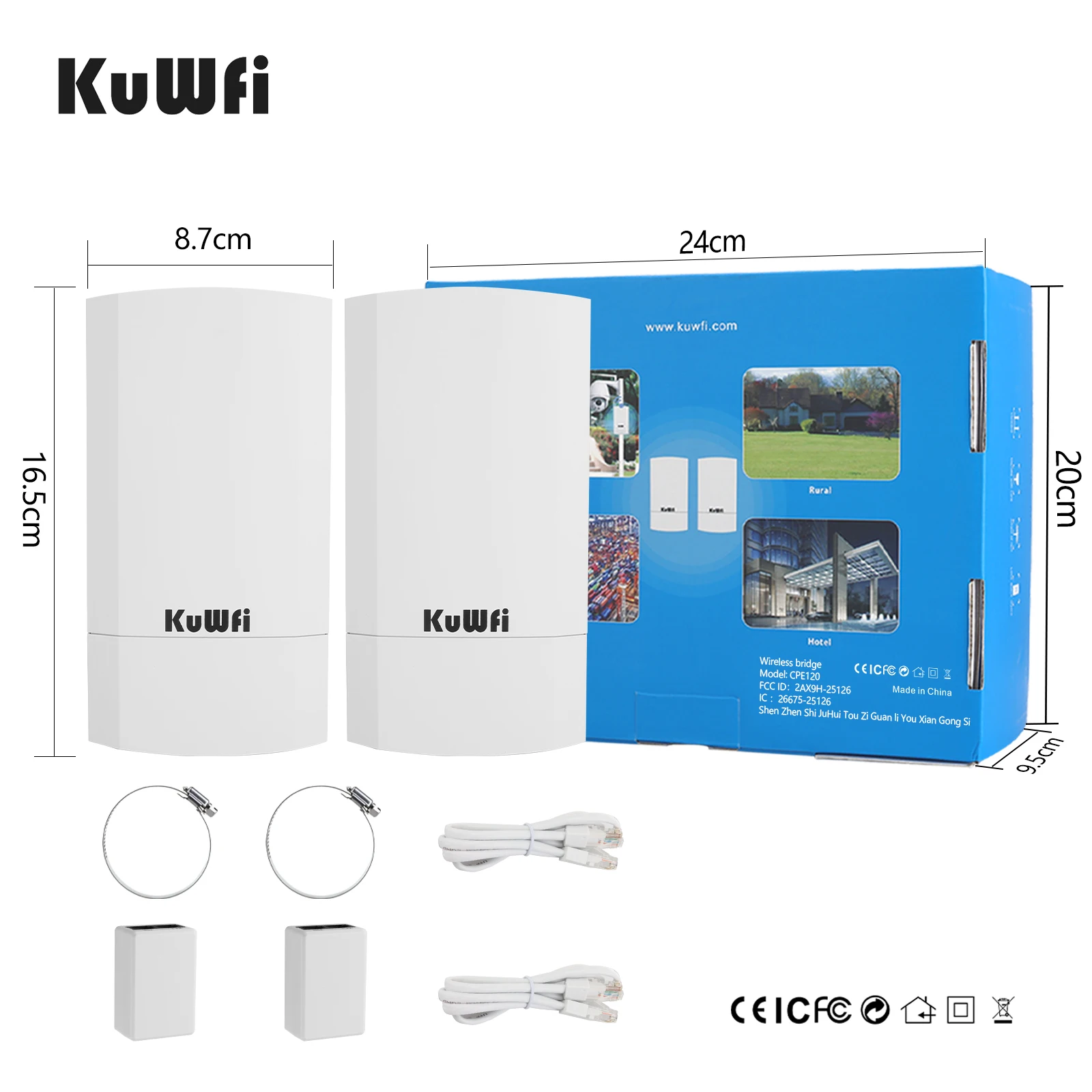 KuWFi-Roteador WiFi ao ar livre, Roteador de ponte sem fio, Extensor de longo alcance, ponto a ponto, cobertura para câmera, 1km, 2.4G, 300Mbps