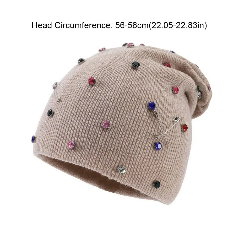 Versatile Ear Protection Rhinestone Beanie Hat Elastic Solid Color Knitted Beanie Hat Loose Fold Cuff Pullover Hat Daily Wear 6
