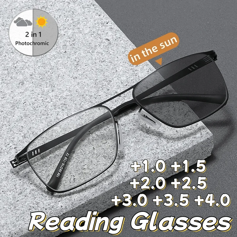 

New Double-Bridge Metal-Frame Photochromic Anti-Blue Light Reading Glasses High-Definition Ultra-Light Presbyopia Eyewear